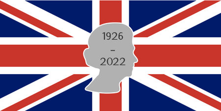 Queen side profile on United Kingdom flag. Date of death 1926 2022. Mourning day in UK.のイラスト素材