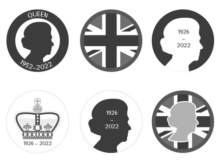 Stickers in circle with Queen profile and UK flag. British mournig date 1926 2022 for poster. Goodbye monarch.のイラスト素材