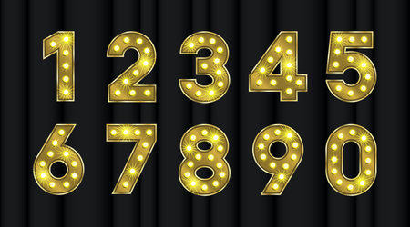 Shiny numbers in metal gold. Marquee font with bulb effect for happy birthday or anniversary cards template. Neon light text for signboard.のイラスト素材