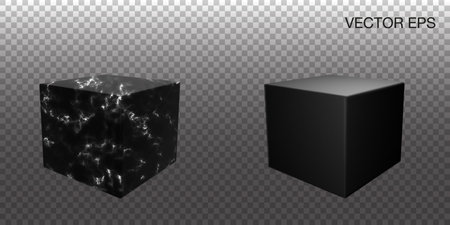 Black 3d render marble cube no background to use in a mockup template for product advertising. Transparent wall with square object for showcase. Vector stone podium.のイラスト素材