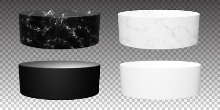 Oval marble product stand in white and black. Cylinder stone podium for advertising. Vector stage for musium or gallery banner presentation.のイラスト素材