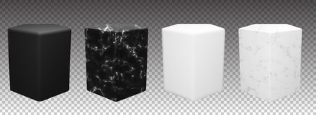 Marble pentagon podium on transparent background. Vector stone pedestal for product showcase template. Set of geometric stages in black and white.のイラスト素材
