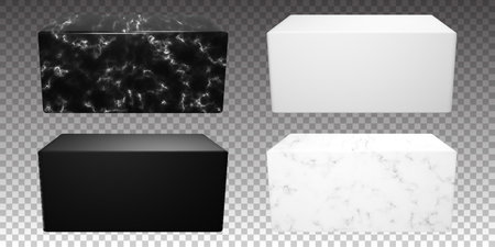 Set of white and black marble block. Vector stone product showcase on transparent background. Realistic luxury podium for advertising.のイラスト素材