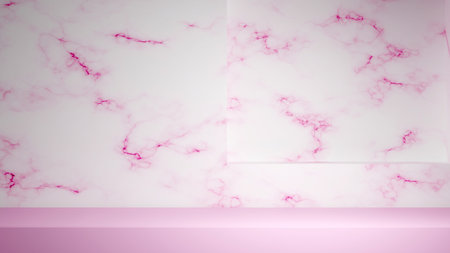 3d render light pink product showcase mockup with marble wall and display podium. Stone textured background with podium and gobo shadow on countertop.の写真素材