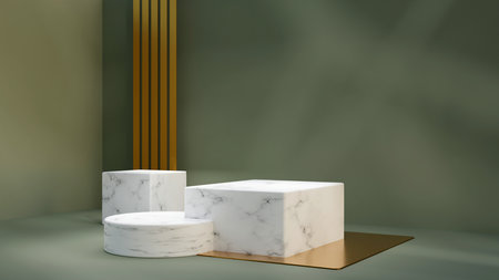 3d render empty marble podium for product display on gold green background. Luxury product showcase mockup with realistic sunlight.の写真素材