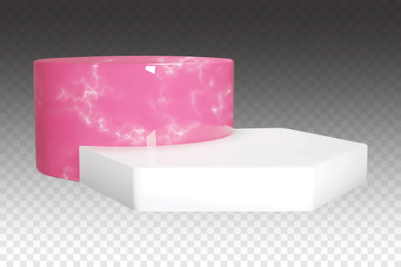 Pink marble podium for jewelry display. Beauty product presenation. Vector graphic for banners or flyers for sale. 3d white hexagon pedestal.のイラスト素材