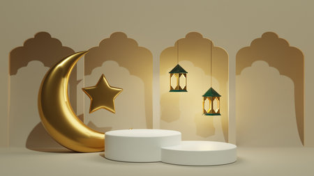 3d render Ramadan Kareem podium for product advertising on muslim celebration. Islamic lantern with golden moon and star. Double pedestal for jewelry.の写真素材