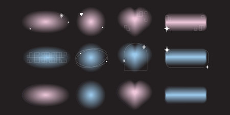 Y2k gradient heart shape aura element in vector. Abstract soft aesthetic graphic set with line and retro figure on black background. Brutalism circle planet with arc of mesh blend daisy collection.のイラスト素材