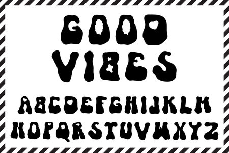 Vector groovy font letters alphabet in vector. Retro isolated trippy trendy art. Childish psychedelic freaky abc text type graphic. Groove slogan psych curve typography symbolのイラスト素材