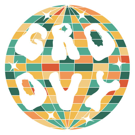 Groovy trippy rave positive slogan disco ball vector isolated on white background. Hippy typography sublimation with wave font artwork. Nostalgia sayings vintage graphic design from seventies.のイラスト素材