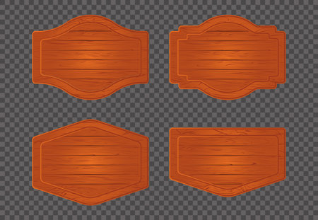 Orange wood retro game sign board cartoon vector panel. Wooden vintage signboard icon button interface set. Blank rustic menu collection for user level label gui template on transparent background.のイラスト素材