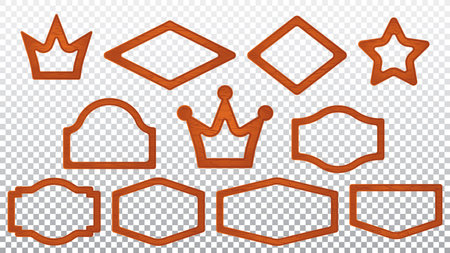 Crown orange wood game avatar frame cartoon vector. Photo banner icon design for rustic ui interface. Rhombus and star rank piece graphics element set. Blank app level signboard plate illustrationのイラスト素材
