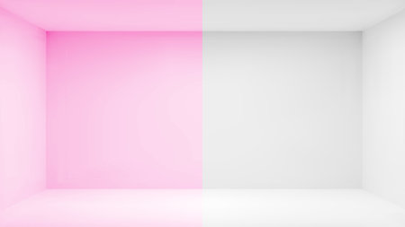 White and pink empty 3d room interior background. Inside studio clean floor and wall in candy color. Product photo shoot template scene illustration. Modern rectangle pastel office house cornerのイラスト素材