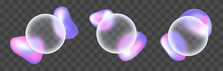 3d glass morphism circle ball with hologram blob shape blur effect. Geometric futuristic presentation frame set. Glassmorphism glossy icon with pink and purple creative layout for app interfaceのイラスト素材