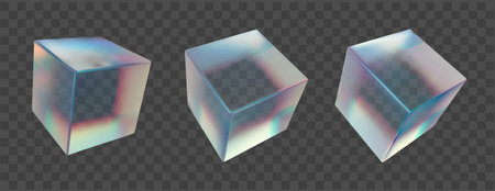3d glass cube prism shape. Abstract dispersion, holographic and reflection effect on glossy mat and rough plexiglass. Translucent primitives flying element with trendy spectrum isolated collectionのイラスト素材