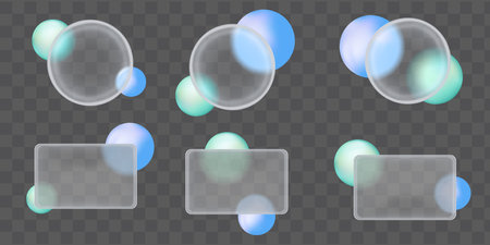 3d pharmacy glass morphism frame design on transparent background. Glassmorphism ui circle bubble and card element in medical style with blue and green sphere icon. futuristic social media post styleのイラスト素材