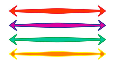 Risoprint long straight double arrow horizontal lines. risograph bold pointer in vibrant color of yellow, purple, red, green. Flat icon for basic direction pointing with arrowhead forward to locationのイラスト素材