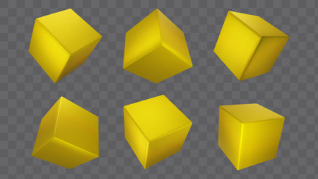 3d gold metal cube box vector render. Golden glossy square shape isolated on background. Realistic cubic stage icon with different angle and side set. Metalic deluxe geometry podium or packageのイラスト素材