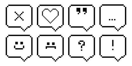 Comic game speech cloud vector pixel art. Balloon talk message with sad and happy smile, dot, quote and exclamation mark. Retro chat bubble icon frame isolated thought template illustrationのイラスト素材
