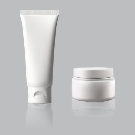3d white cosmetic cream tube blank package vector. Lotion or gel bottle isolated mock up template. Realistic empty medical dental tooth paste packaging design for advertisement. Glass skincare boxのイラスト素材