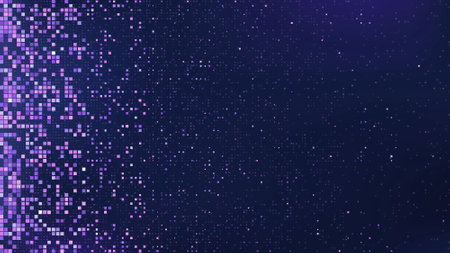 Abstract pixel texture pattern. Tech ai bg with square data block frame. Techno innovation gradient metaverse wallpaper. Random quadrangle tv screen concept. Network fade with pink and purple cubeのイラスト素材