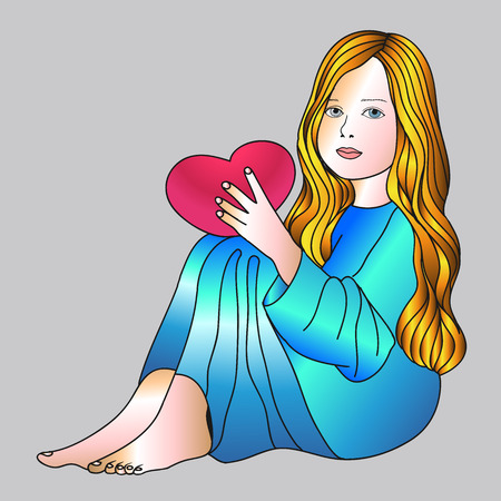 girl with long hair sitting, holding a heartのイラスト素材