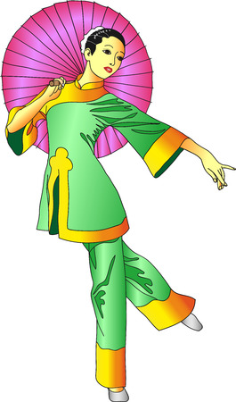 Chinese girl in a light green suit with a pink umbrella in a graceful poseのイラスト素材