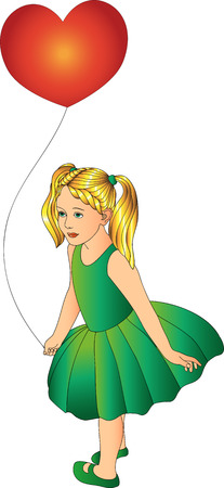 Girl with a balloon in a green dress on a white backgroundのイラスト素材