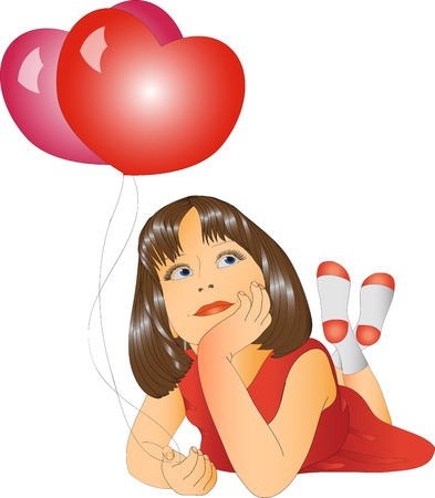 girl with balloons in a red dress on a white backgroundのイラスト素材