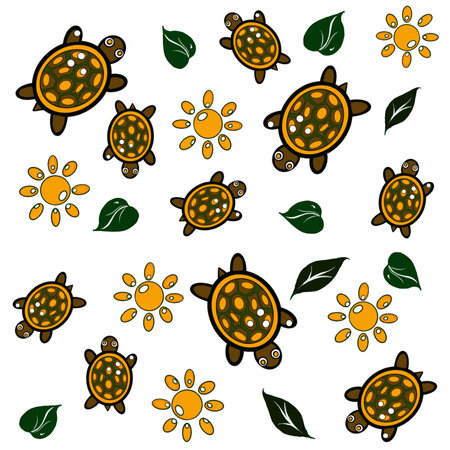pattern sea set, sun, turtle on a white backgroundの写真素材
