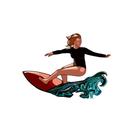 surfer girl riding the waves on a white background