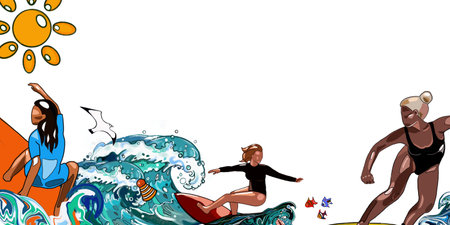 frame, three girls surf on the wavesの写真素材