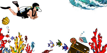 diver at depth among corals and fishの写真素材