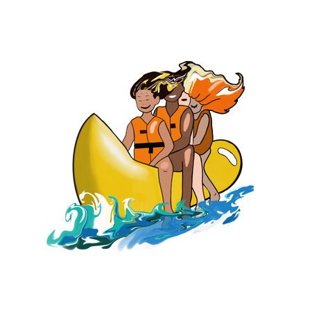 people ride an inflatable banana on the seaの写真素材