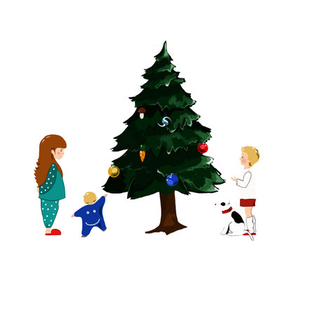 children look at a Christmas tree decorated with balloonsの写真素材
