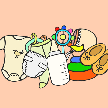 drawn by hand baby setのイラスト素材