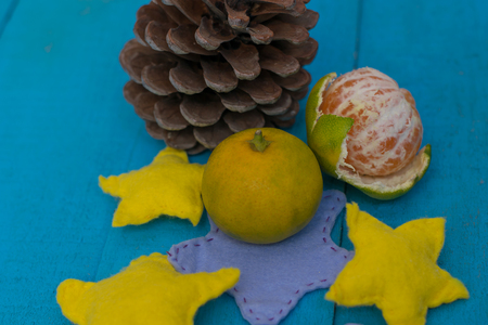 Christmas and new year decorations on wooden tableの写真素材