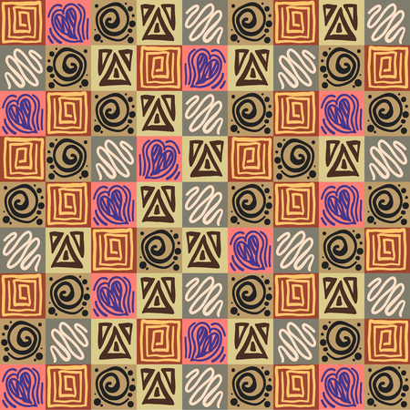 seamless pattern. a pattern of little squares with primitive ornaments patchworkのイラスト素材