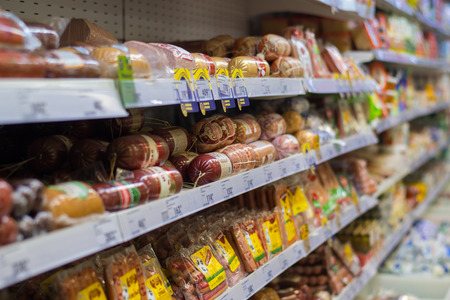 may 2018, Russia, Bryansk. Shelf with sausage and meat products in the storeのeditorial素材