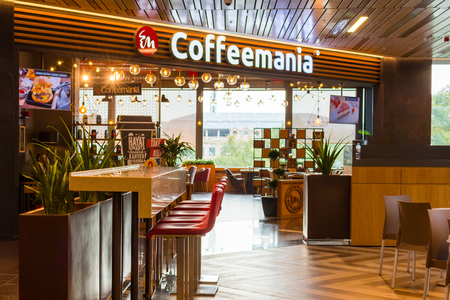 July 2018. Azerbaijan. Ganja. The interior of the cafe in the shopping centreのeditorial素材