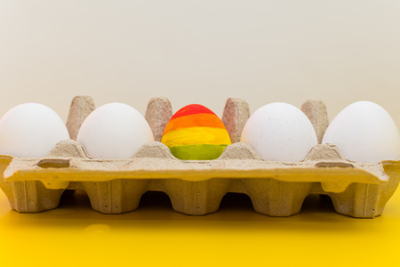 one colored egg in a package with ordinary white eggs. the concept of LGBT