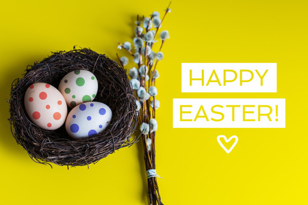 chicken eggs in a nest with a twig of willow. happy Easter concept.