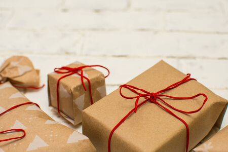 gift craft packaging on white background with copy space