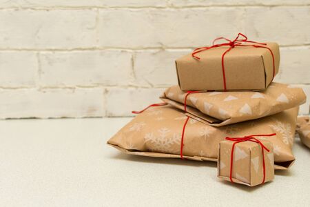 gift craft packaging on white background with copy space