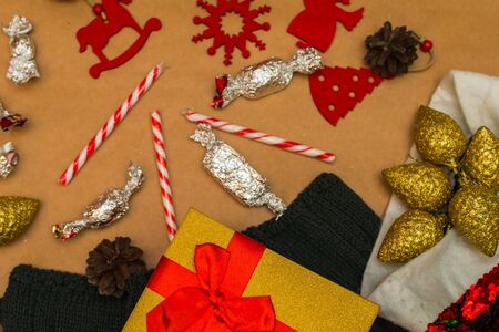 preparation for christmas and new year. gifts, candy, cones, and decoration.