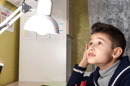 the boy does his homework at home. schoolboy dreams.
