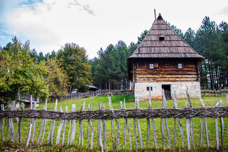 Ethno village Sirogojno in Zlatibor surroundings, Serbia. Old Serbian traditional cottage. Authentic. Travel destination, fall season.のeditorial素材