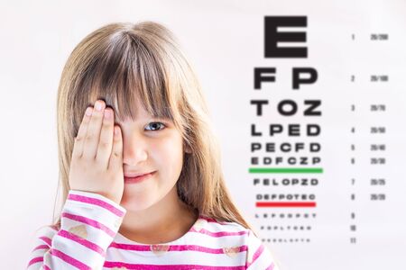 Cute girl visiting children's doctor. Eye examination. Ophthalmology test.の写真素材