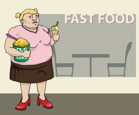 Plump Woman Holding pop corn and ice cream inside fast food restaurantのイラスト素材