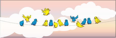 different colorful birds on wire, with sky backgroundのイラスト素材